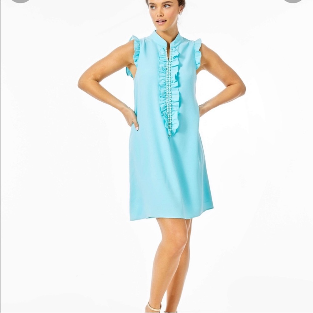 Lilly Pulitzer Adalee Shift Dress Turquoise Blue Ibiza Pearls Ruffle 8